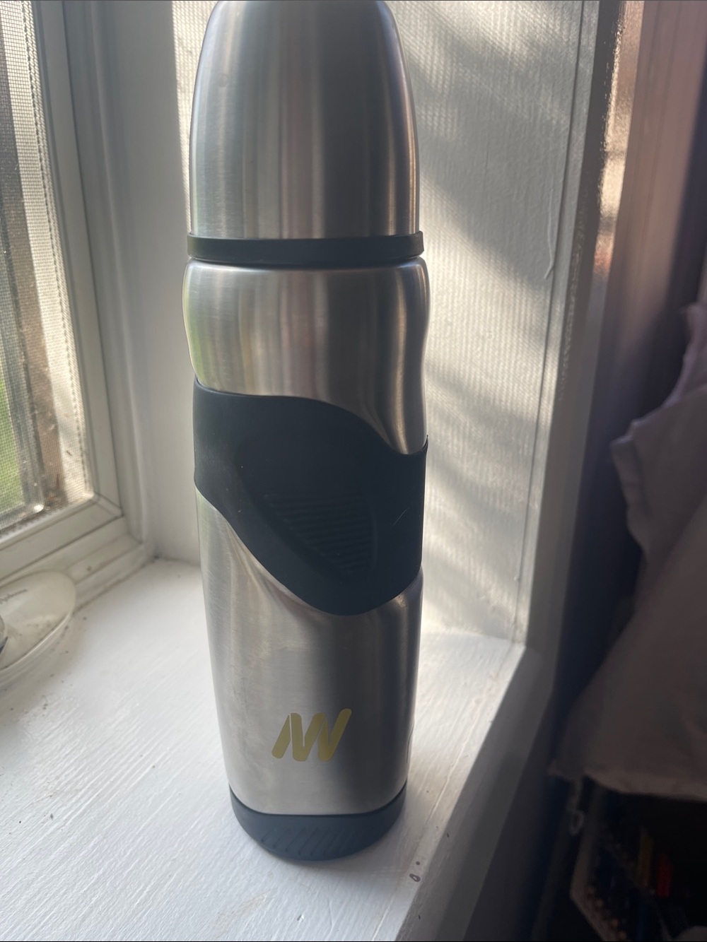 Thermos Stainless Steel Bottle with Black Grip and Black Lid